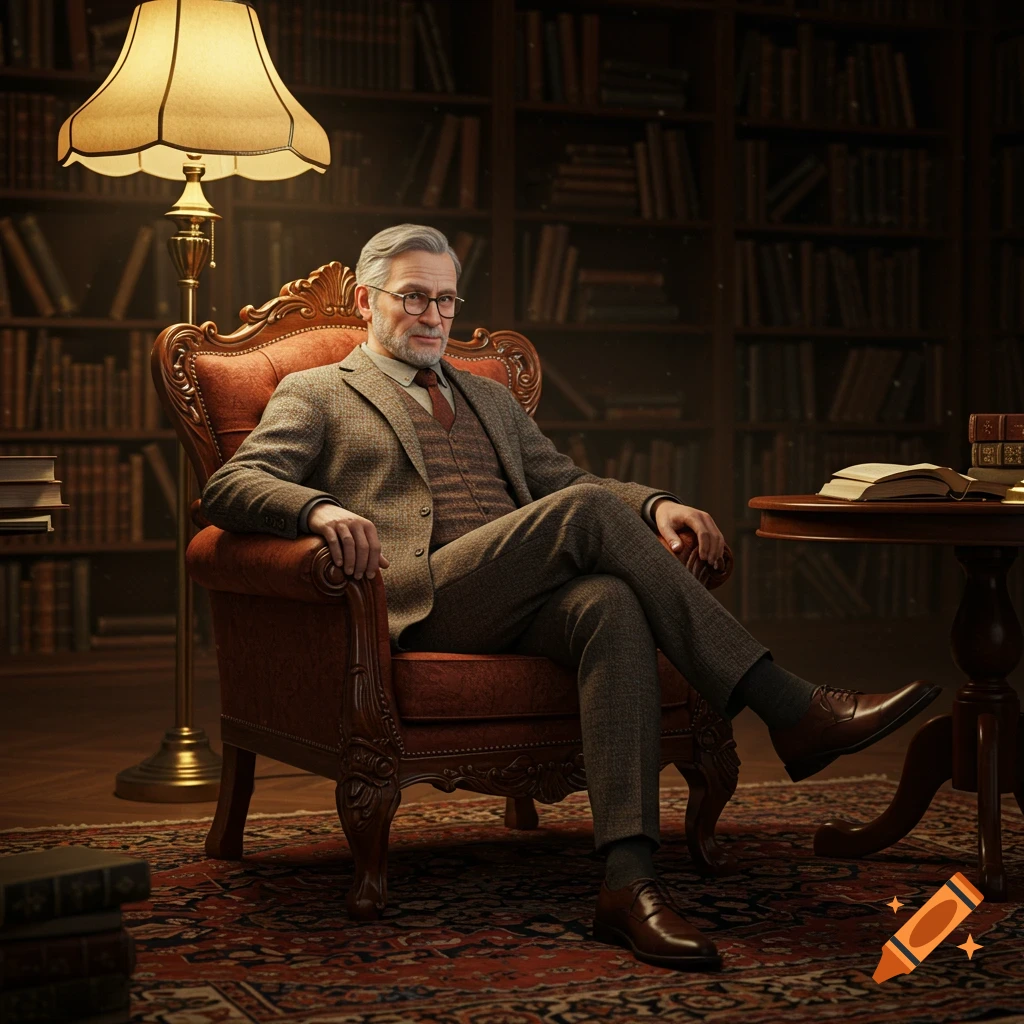 An old, distinguished man with glasses and a suit sits in a vintage armchair in a dimly lit library, looking at the viewer.