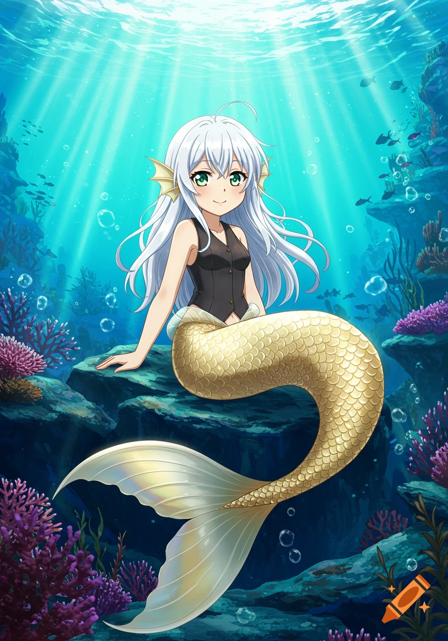 An anime mermaid with white hair and a golden tail sits on an underwater rock amidst coral with sunlight filtering through the water.