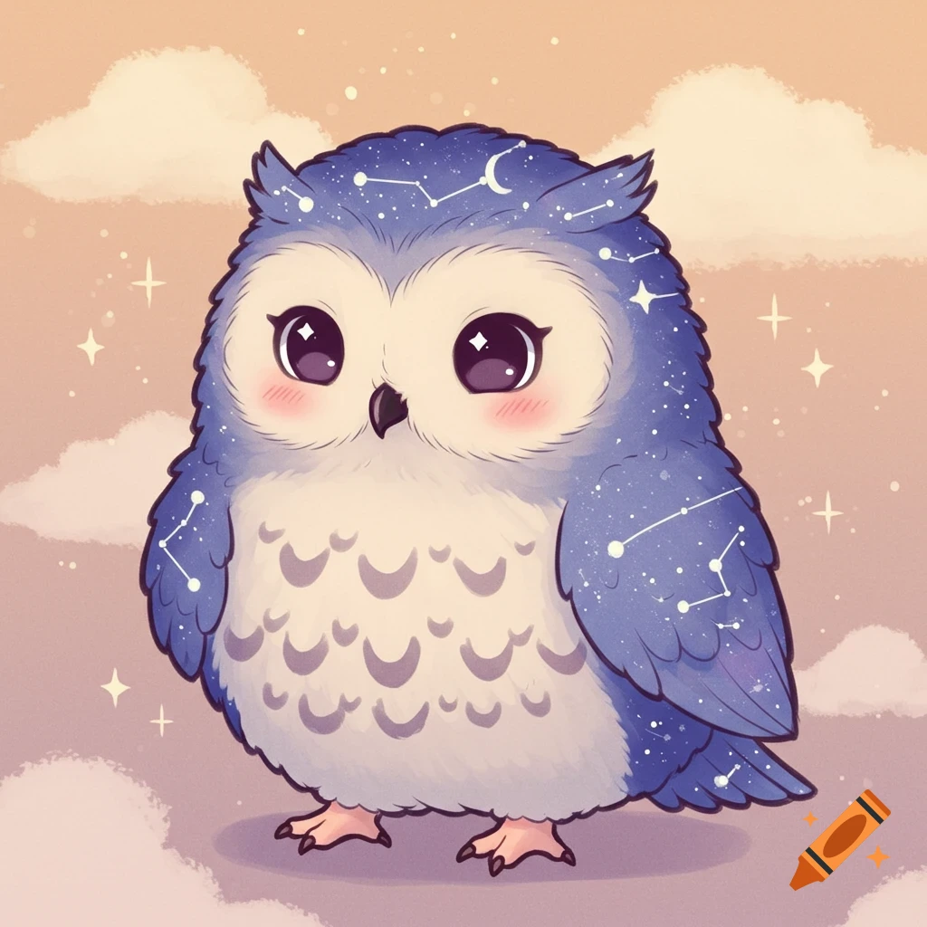 A cute, fuzzy, kawaii-style blue and white owl with stars and constellations on its feathers, large eyes, and rosy cheeks, against a soft, cloudy background.