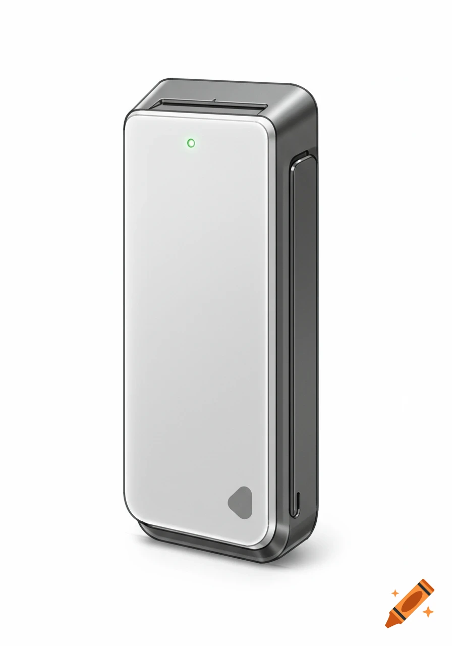 An industrial design sketch of a sleek, white and dark grey rectangular card reader with a green indicator light and a small logo.