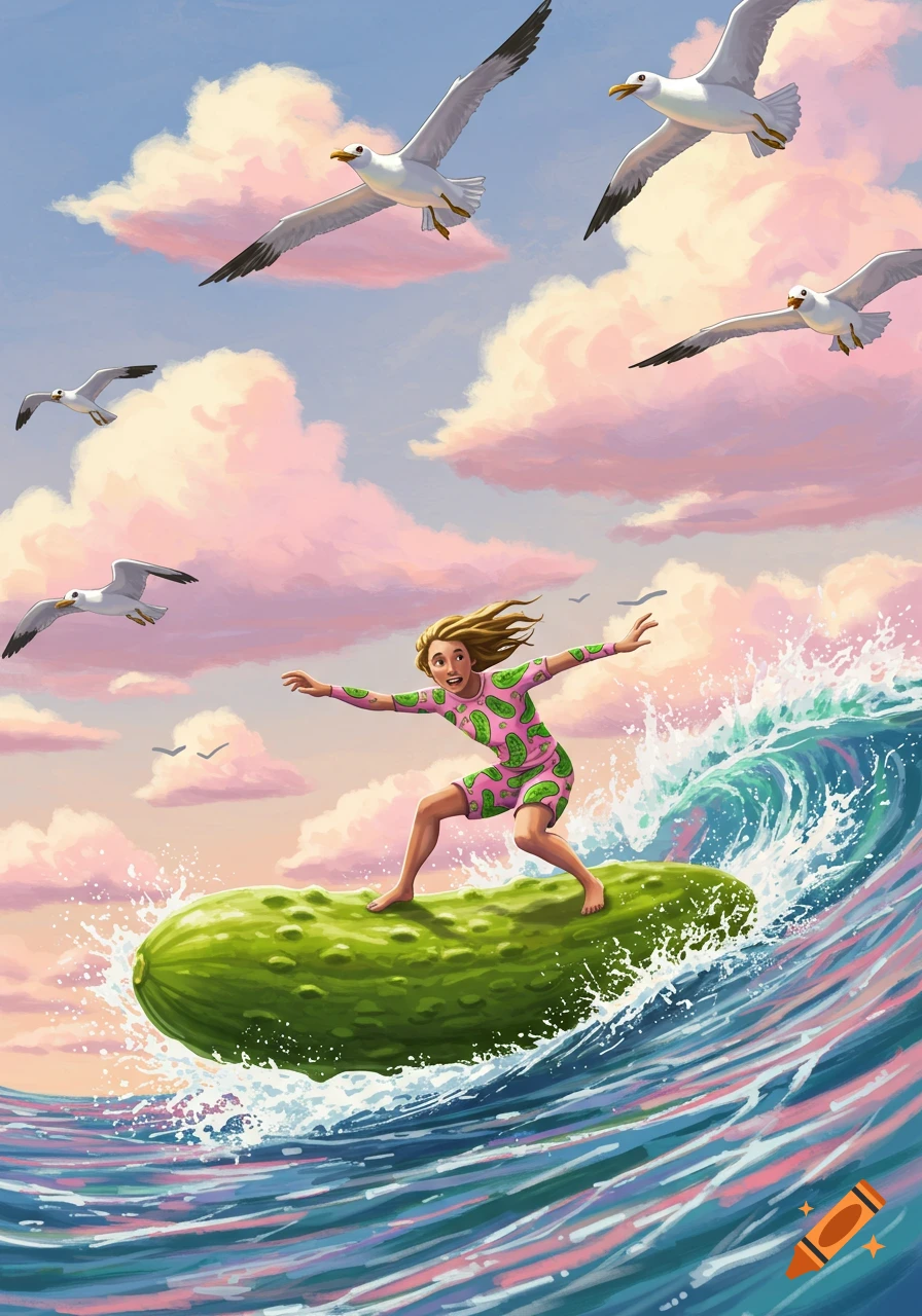 Whimsical illustration of a person surfing a giant pickle on blue ocean waves under a pastel sky with seagulls.