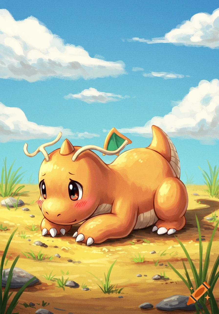 A cute, orange Dragonite lays blushing and nervous on sandy ground with green grass under a blue sky with clouds in an anime style.