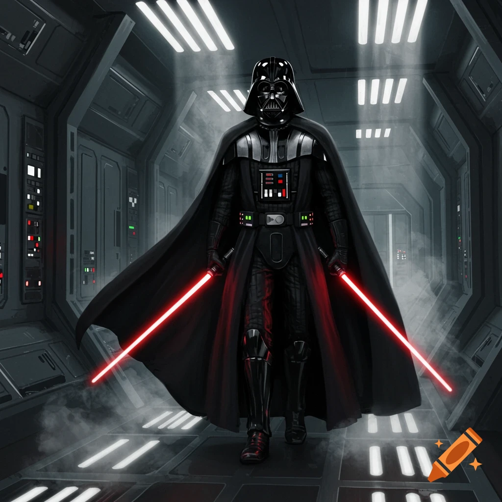 Darth Vader stands menacingly with two red lightsabers in a dimly lit spaceship corridor.