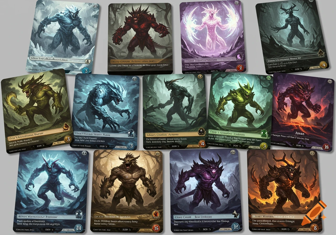A collection of twelve fantasy monster trading cards, each featuring a different creature in various colors and styles.