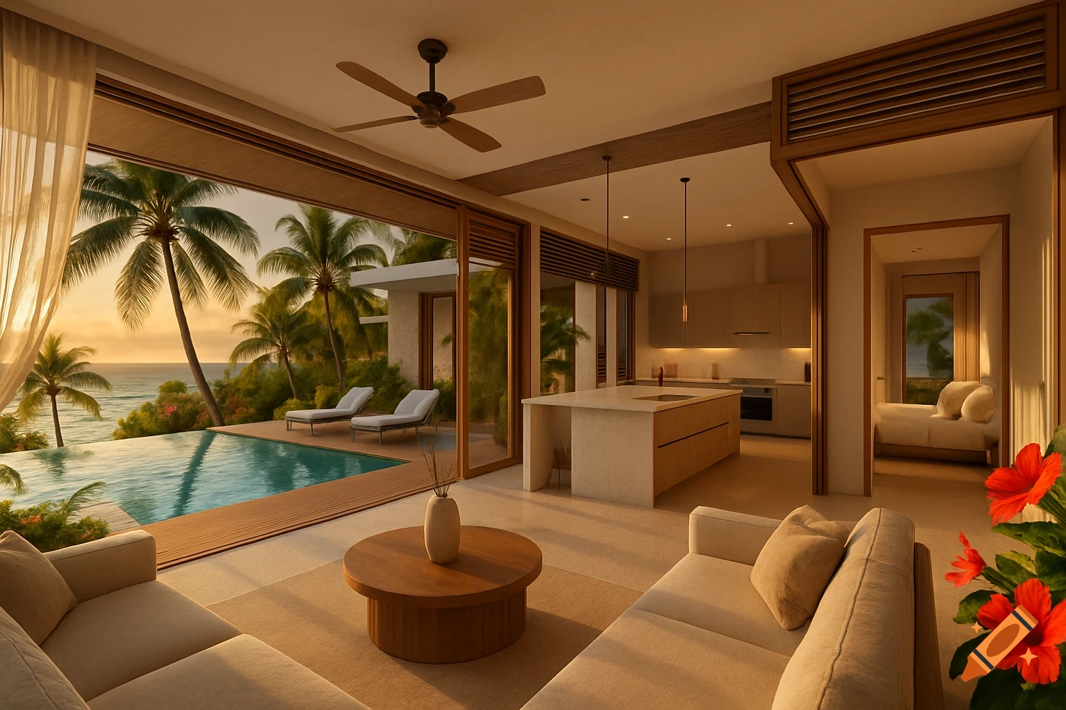 A luxurious open-plan living room and kitchen in a tropical beach house, with an infinity pool overlooking the ocean at sunset.