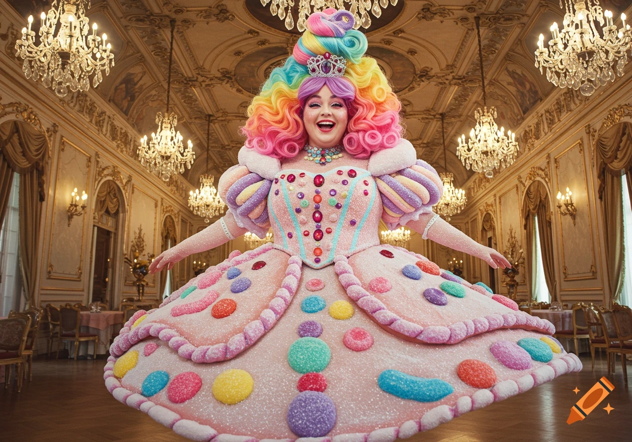A smiling woman in a vibrant rainbow wig and a pink, candy-covered gown stands in a lavish ballroom with chandeliers.
