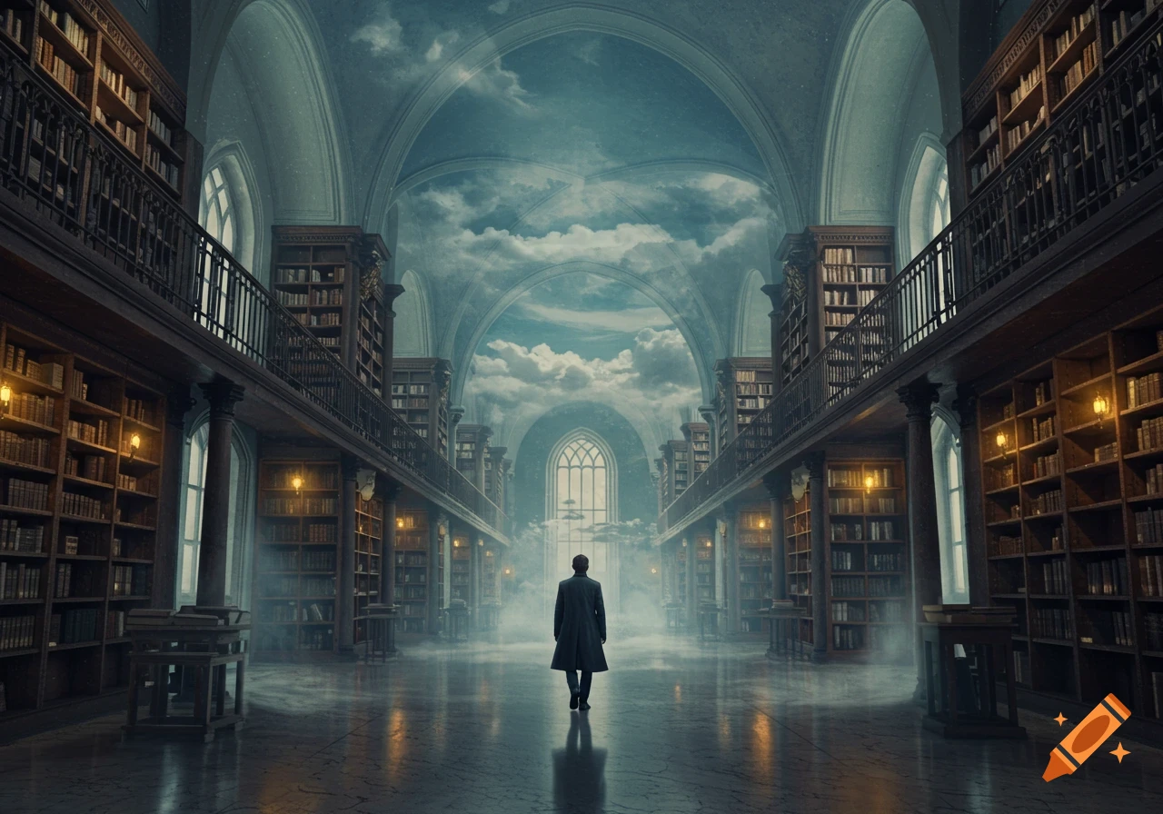 A man walks through a grand, dark library with towering bookshelves and an arched ceiling filled with swirling clouds.