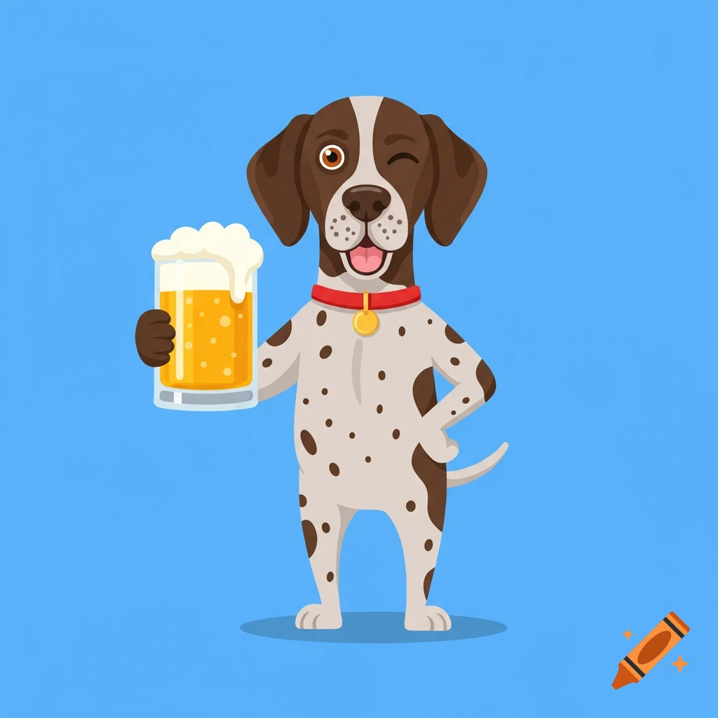 A cartoon German Shorthaired Pointer dog winks while holding a frothy mug of beer.