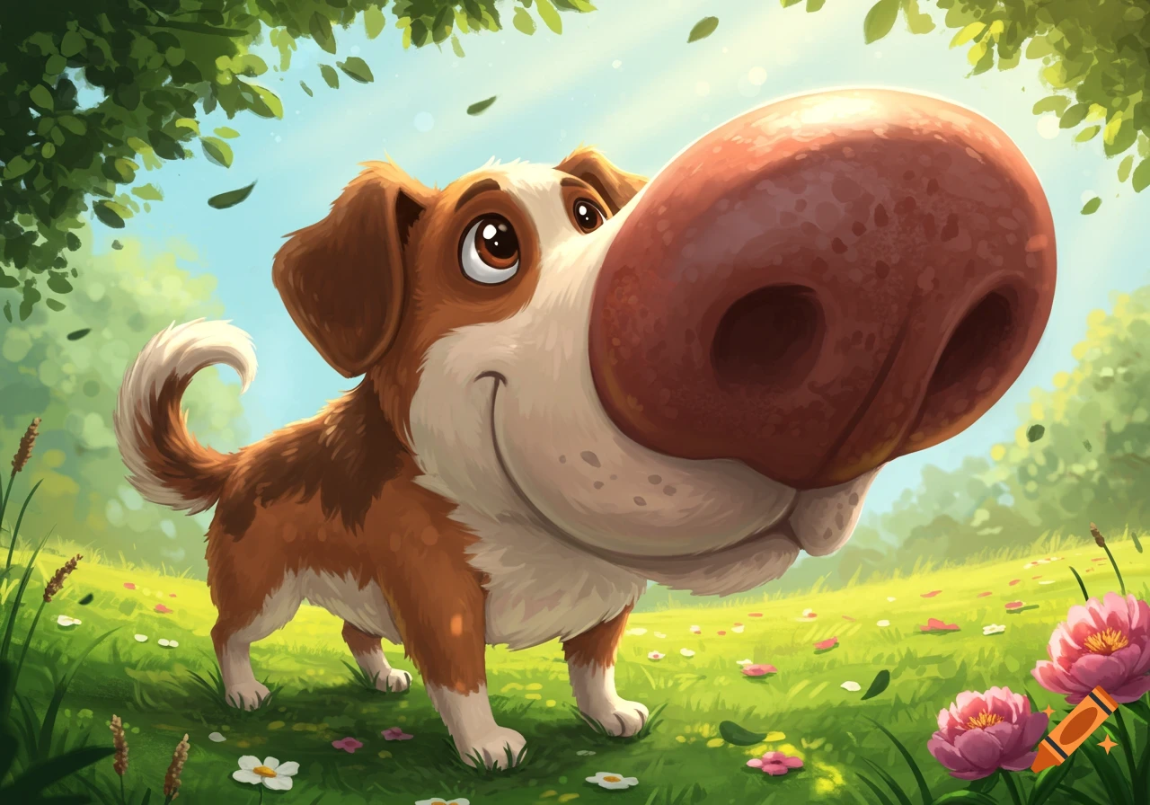 A cartoon dog with a very large pink nose smiles in a grassy field with flowers and green trees under a bright blue sky.
