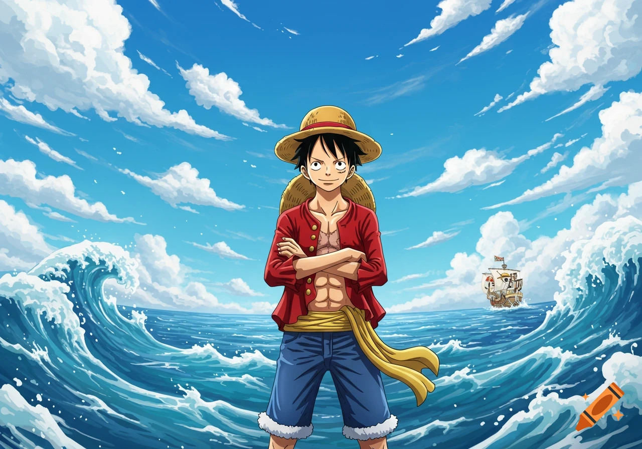 Anime character Monkey D. Luffy stands with crossed arms in a wavy ocean under a blue sky with his ship in the background.