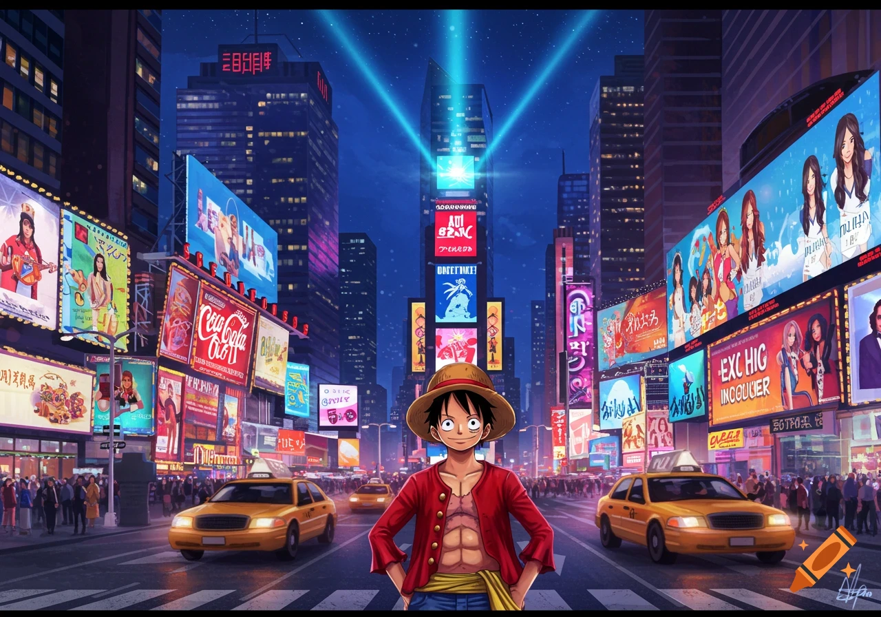 Luffy from One Piece stands in a brightly lit Times Square street at night, surrounded by tall buildings, numerous billboards, and yellow taxis.