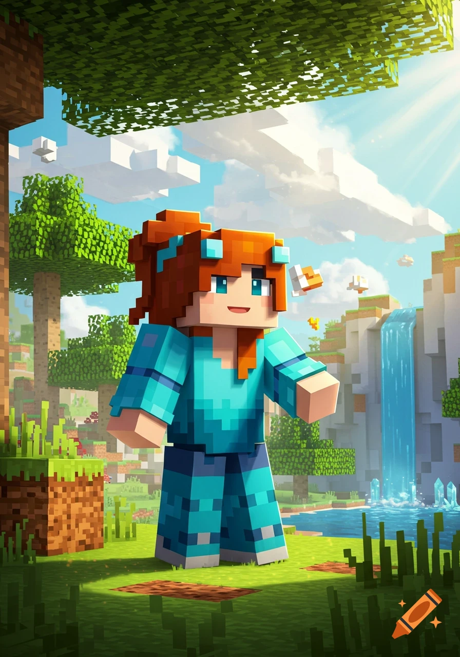 A blocky, red-haired Minecraft girl in a blue outfit stands in a sunny, blocky landscape with a waterfall and trees.