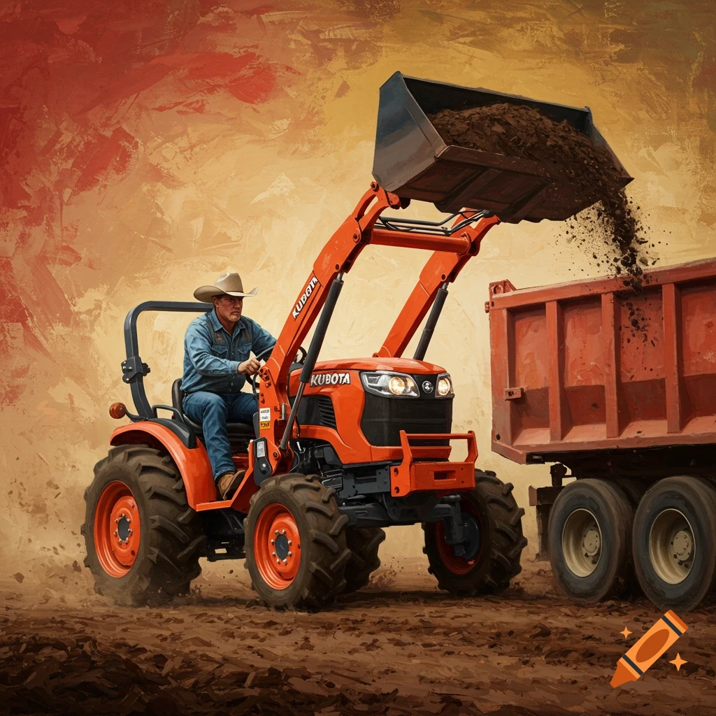 A cowboy on an orange Kubota tractor dumps dirt into a red truck trailer, in a textured digital painting style.