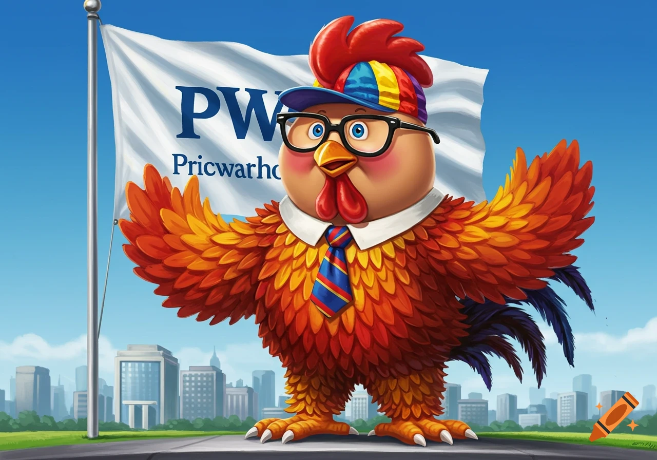 A colorful cartoon rooster wearing a suit, tie, glasses, and a striped hat stands in a city next to a flag with 'PWC Pricwarho' text.