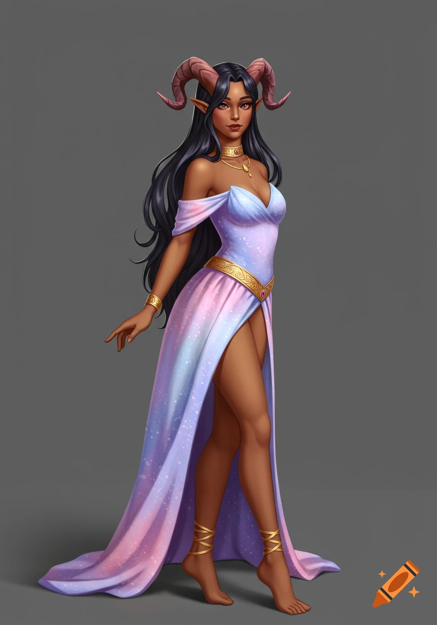 A beautiful tiefling aasimar princess with long dark hair, brown horns, and olive skin, wearing a flowing pastel galaxy dress and gold jewelry, standing against a grey background.