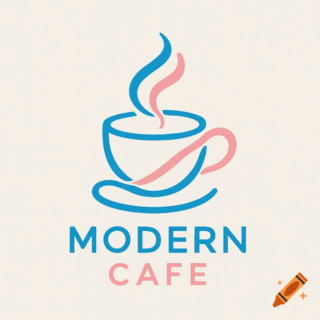 A modern cafe logo with a stylized coffee cup in blue and pink lines, with the words 'MODERN CAFE' below.