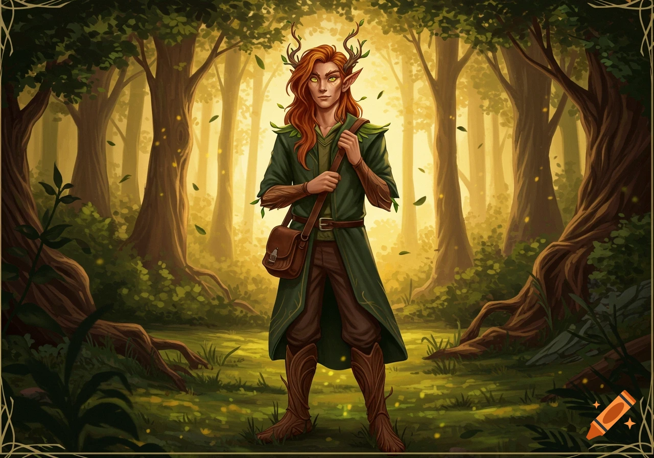 A red-haired wood elf with antlers and a satchel stands in an enchanted forest bathed in golden light.