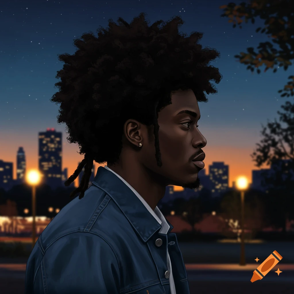 Illustration of an African American man with an afro and dreadlock, wearing a denim jacket, looking right against a city skyline at dusk.