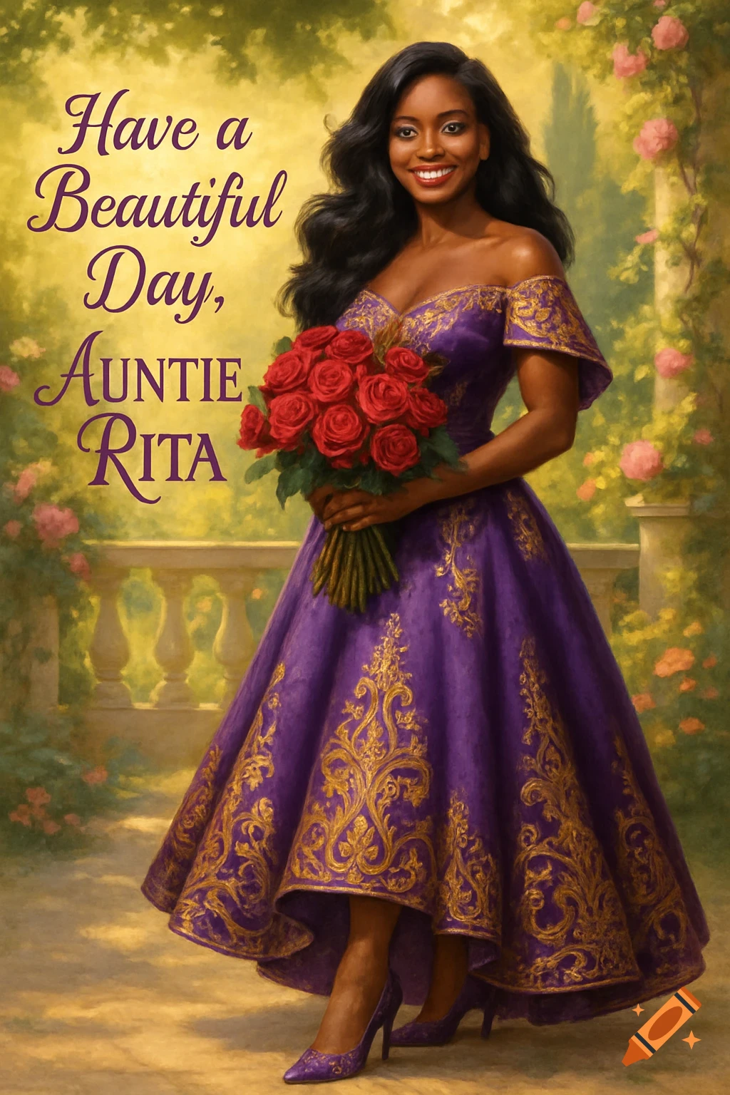 A smiling Black woman in a purple and gold dress holds a bouquet of red roses in a garden, with "Have a Beautiful Day, Auntie Rita" text.