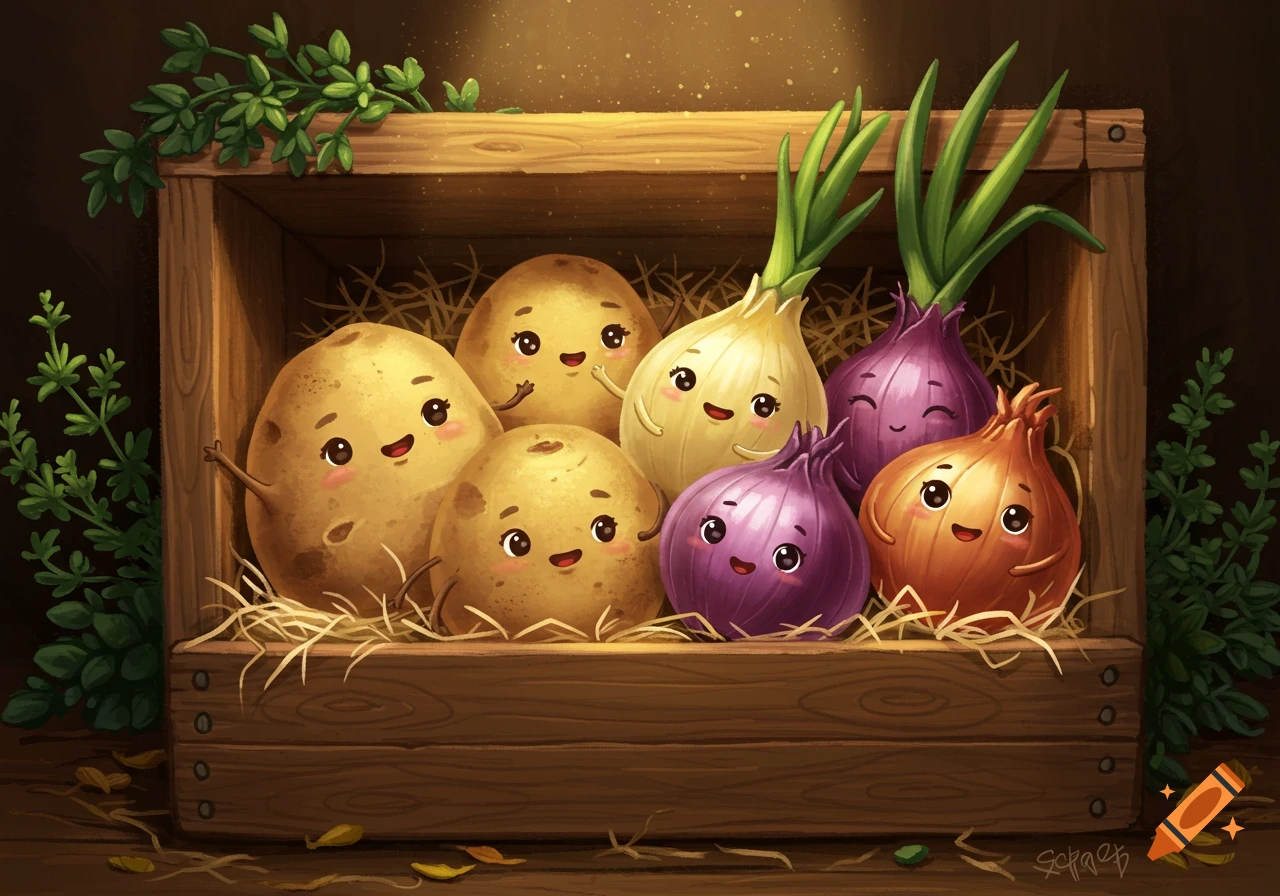 A cute cartoon illustration shows anthropomorphic potatoes and onions with smiling faces, resting in a cozy wooden crate filled with hay.