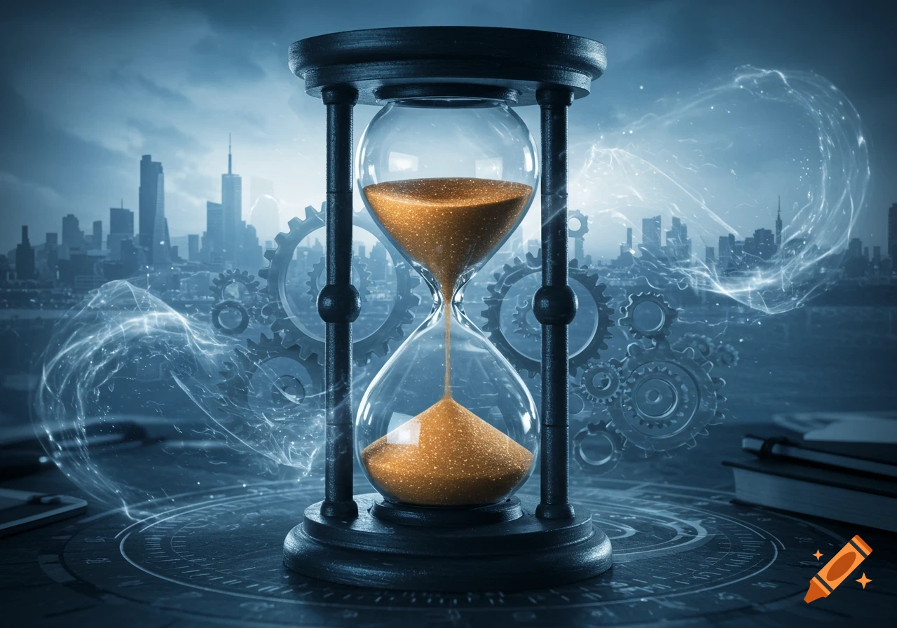 A stylized hourglass with flowing sand, set against a blurred city skyline, gears, and ethereal energy effects.
