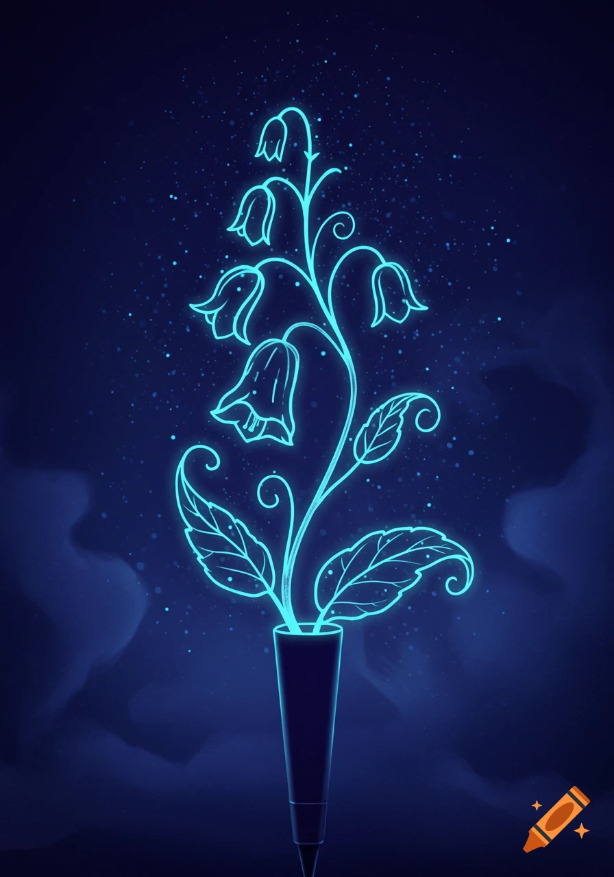 Neon blue outline of a plant with bell-shaped flowers and leaves emerging from a pen-like base on a dark, star-dusted background.