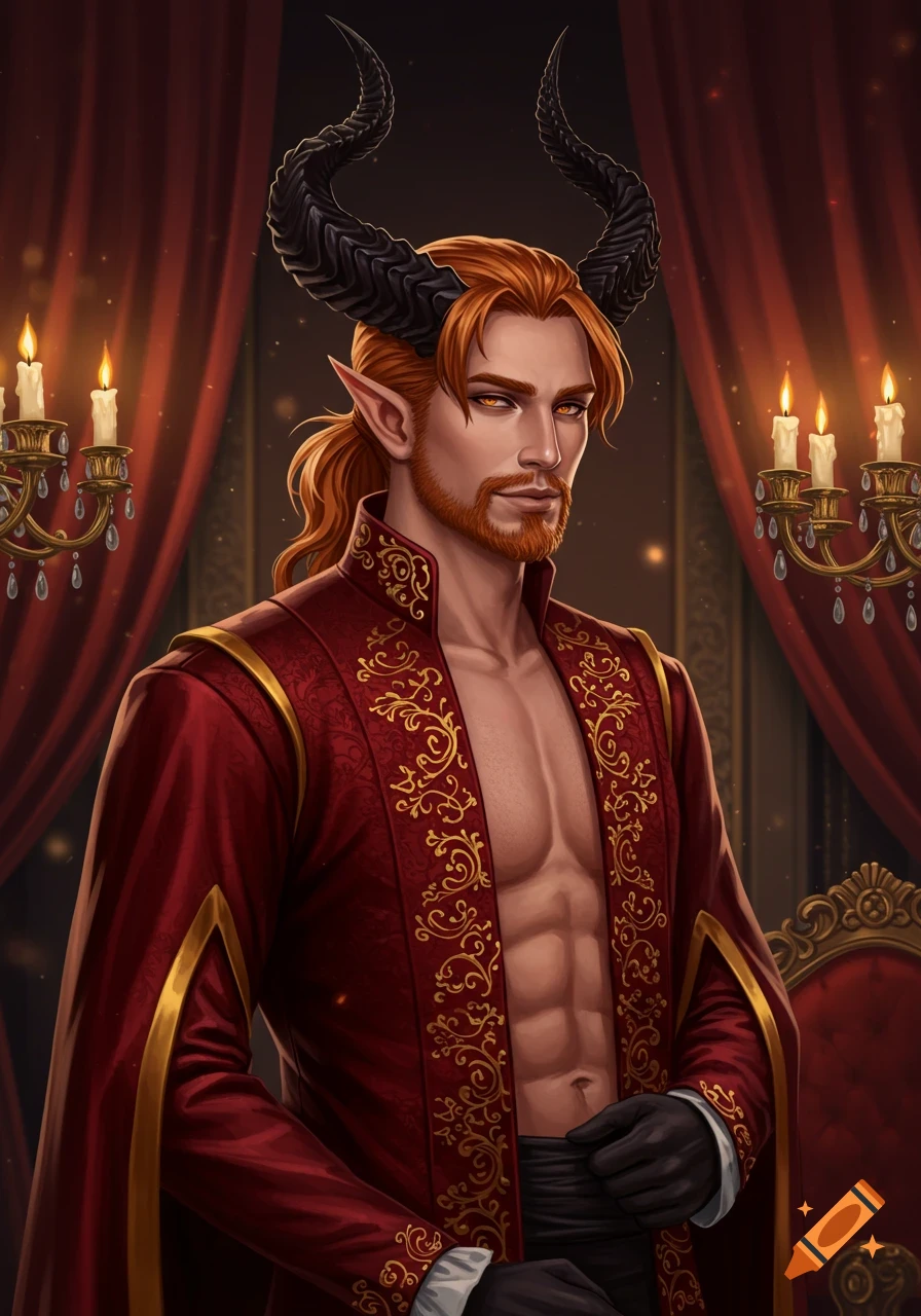 Fantasy man with red hair, horns, and elf ears wearing an open ornate red robe in a lavish room with candelabras.
