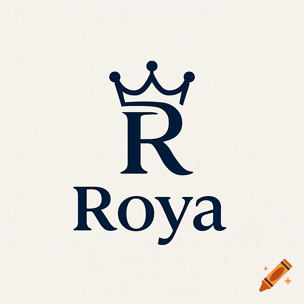 A minimalist logo featuring a dark blue 'R' with a crown on top, above the word 'Roya' in serif font, on an off-white background.