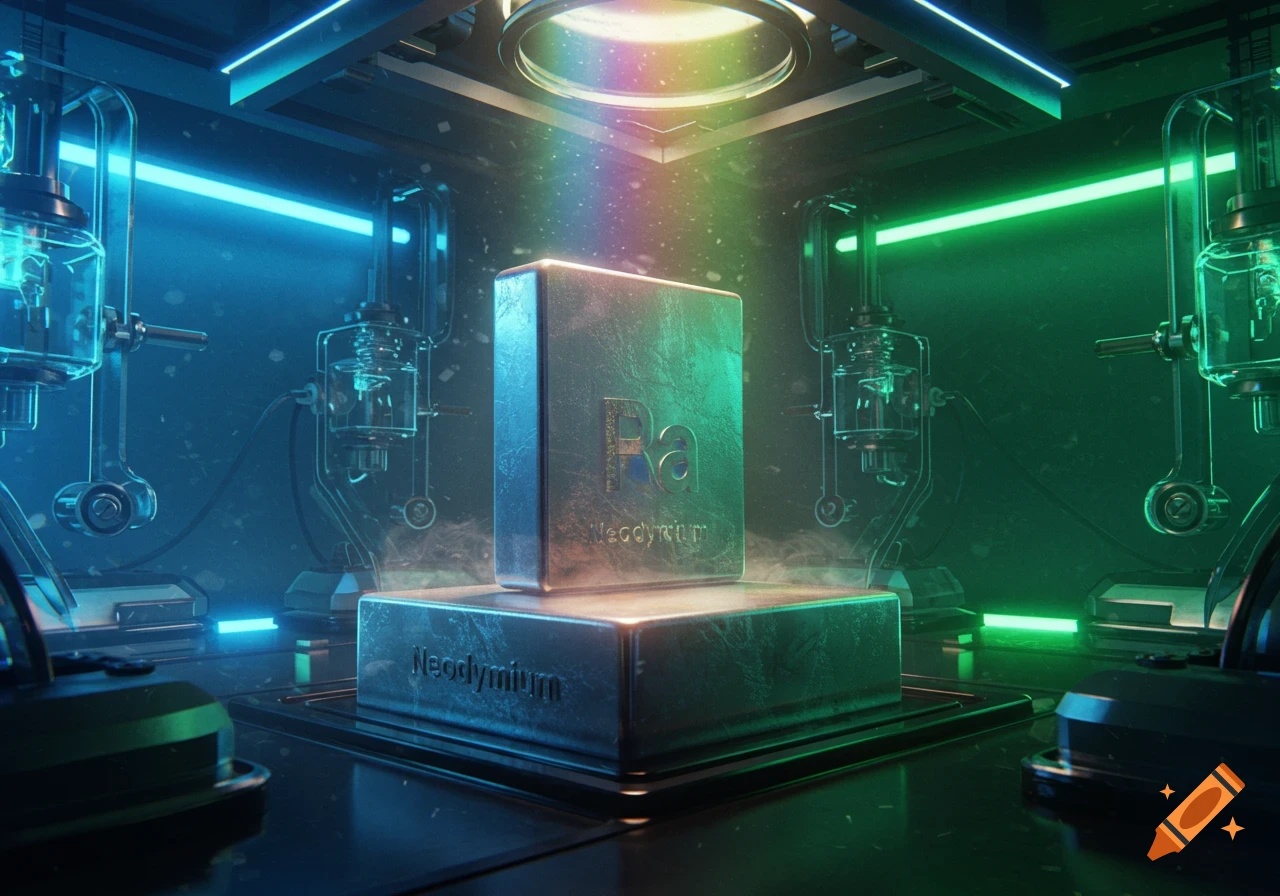 A metallic block inscribed with "Ra" and "Neodymium" sits on a pedestal in a dark, futuristic lab with neon lights and a rainbow beam of light.