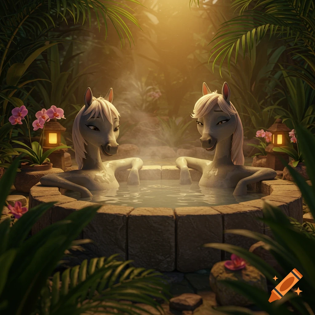 Two anthropomorphic female horses with blonde manes relax in a steaming hot tub within a lush, lamp-lit jungle, 3D animation.