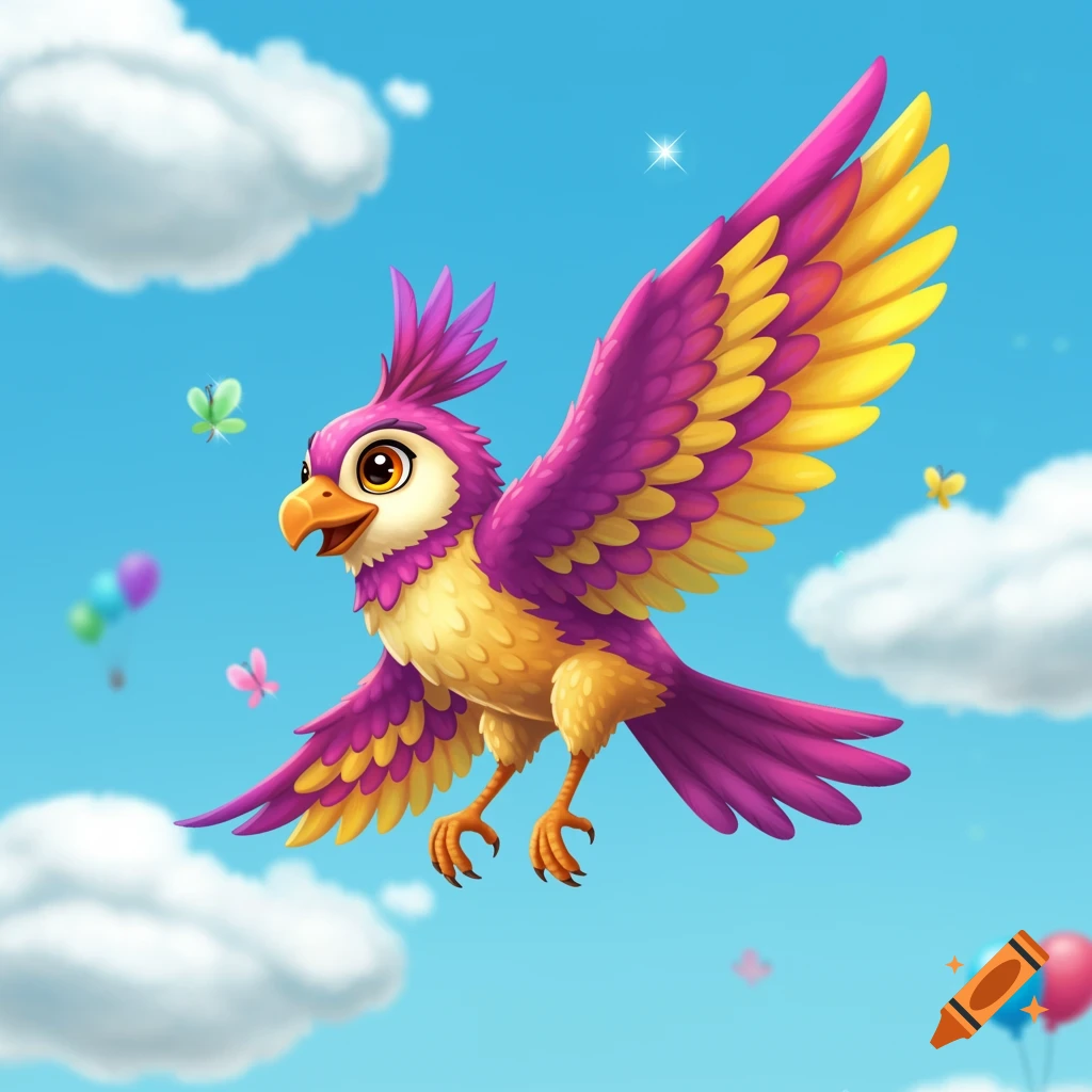 A vibrant cartoon bird with purple and yellow feathers flies cheerfully in a bright blue sky with fluffy white clouds and small butterflies.