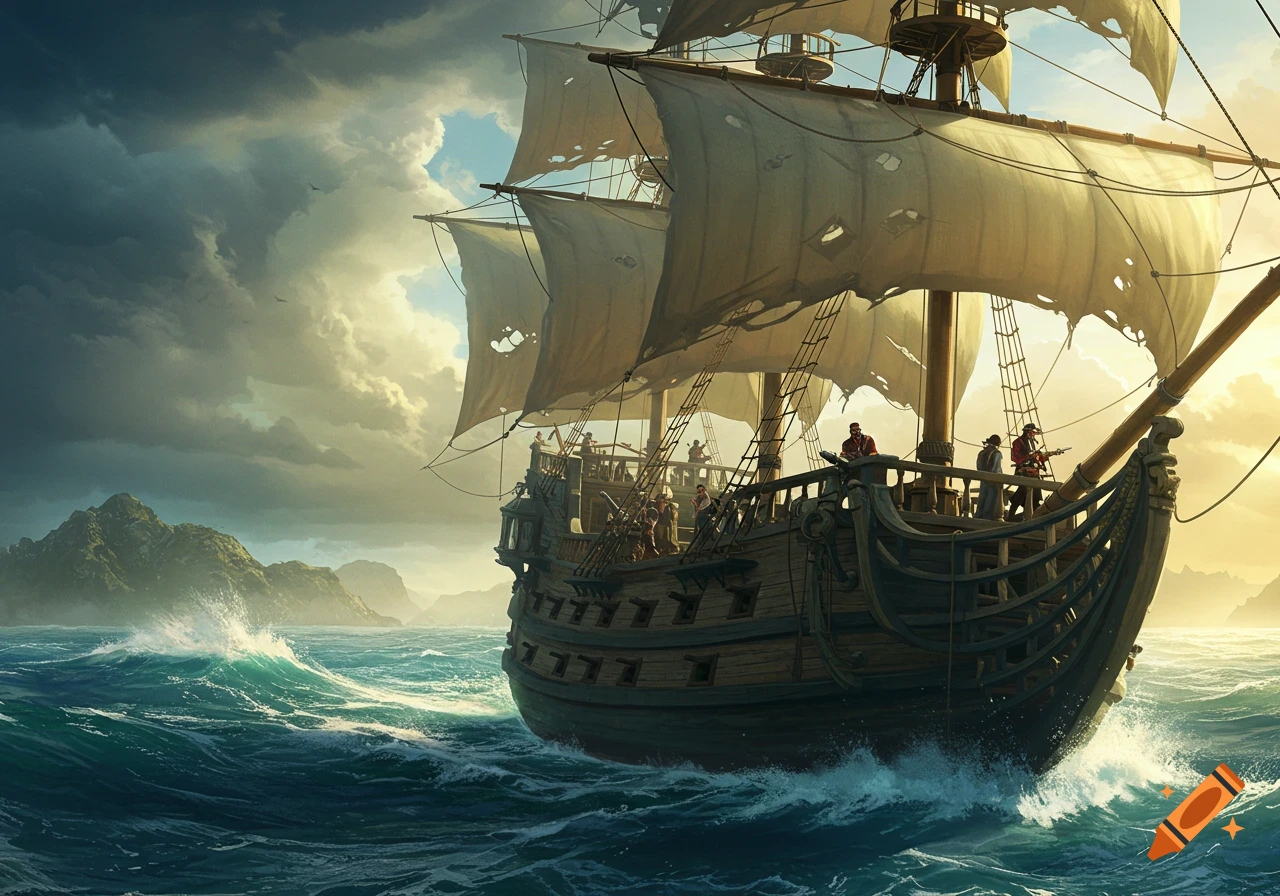 A large pirate ship with tattered sails battles rough seas near rocky islands under a dramatic, stormy sky, digital painting.