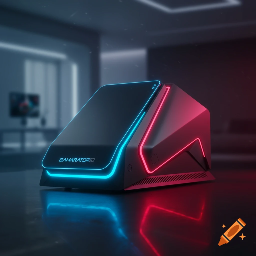 A futuristic black gaming console with vibrant blue and red neon lights, reflecting on a dark surface.