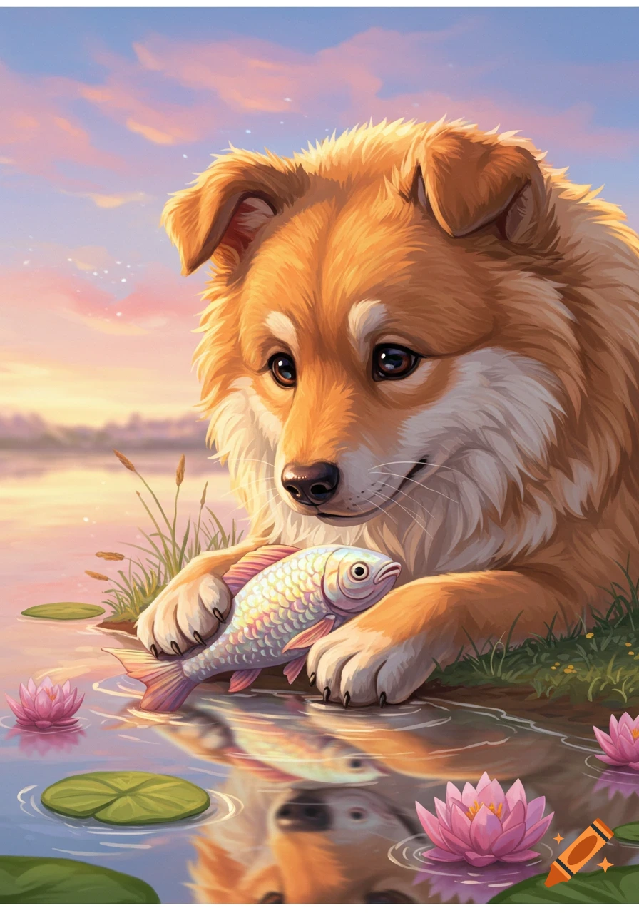 An illustration of a cute golden dog gently holding a colorful fish in a calm pond with pink lotus flowers at sunset.
