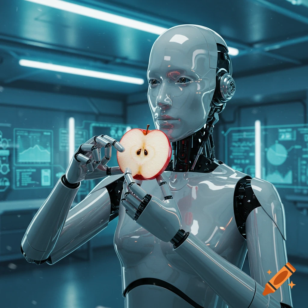 A photorealistic silver robot examines a red apple slice in a futuristic, neon-lit lab.