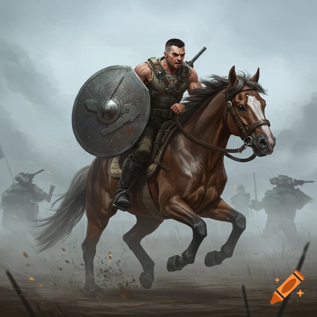 A fierce barbarian warrior on a galloping warhorse on a misty battlefield, holding a shield, in a fantasy art style.