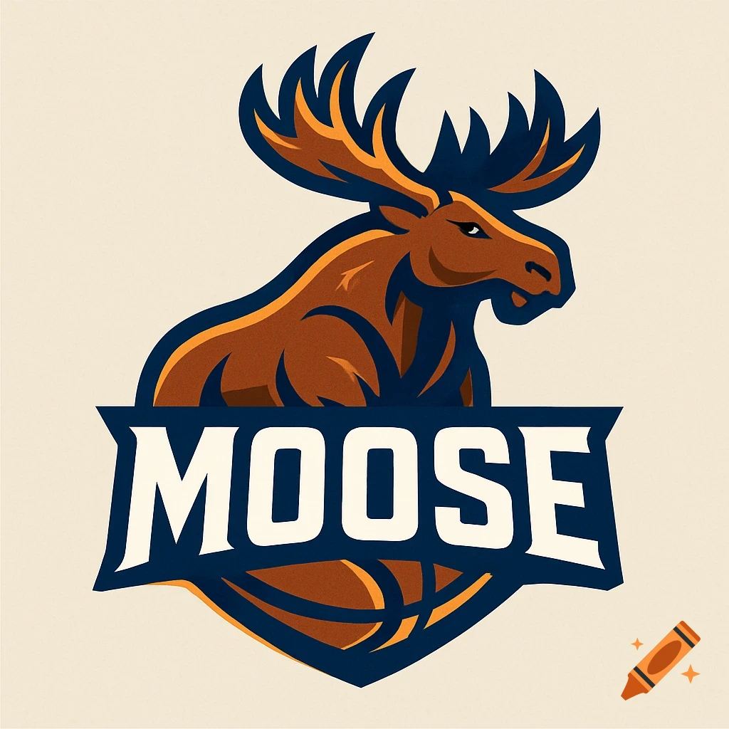 A stylized logo of a moose head with antlers above the word "MOOSE" and a basketball pattern, in brown, blue, and orange.