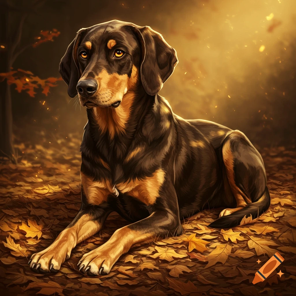 A dark brown and light brown hound mix dog with yellow eyes lies on golden autumn leaves in a forest, painted style.