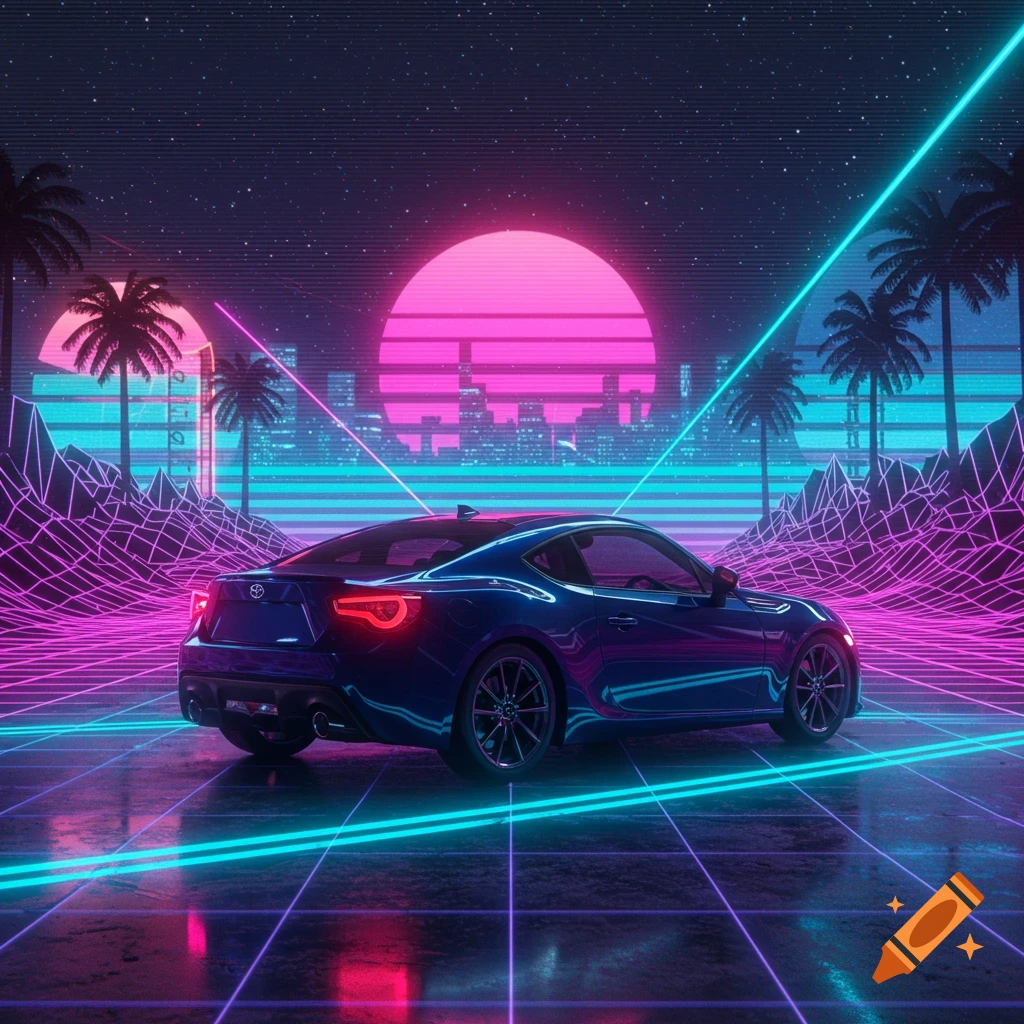 Blue sports car on a grid road in a vibrant synthwave landscape with palm trees and neon city lights.