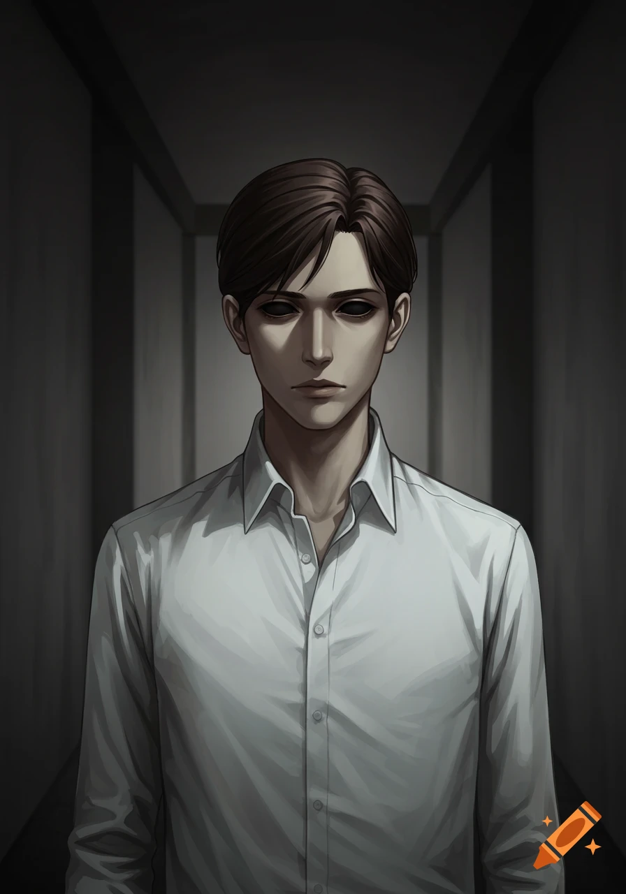 A serious anime man with dark eyes and brown hair wears a white shirt in a dark hallway.