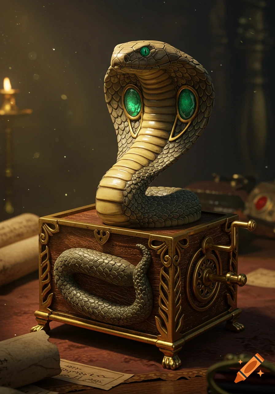 An ornate, antique-style wooden music box with a King Cobra statue on top, featuring emerald eyes and gold details, in a magical setting.