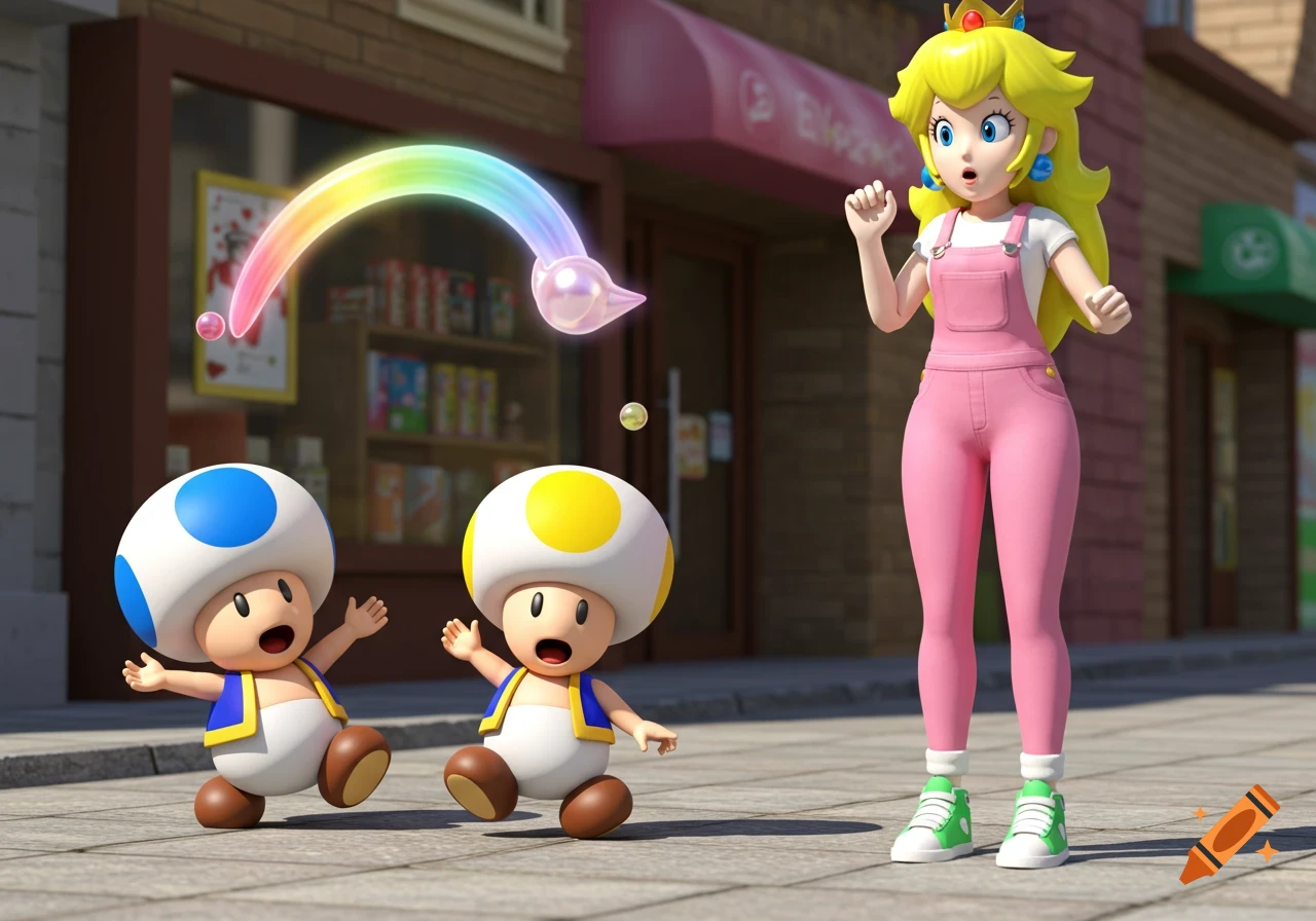 Princess Peach in pink overalls watches as Blue Toad and Yellow Toad stumble on a city sidewalk, a rainbow pearl falling.