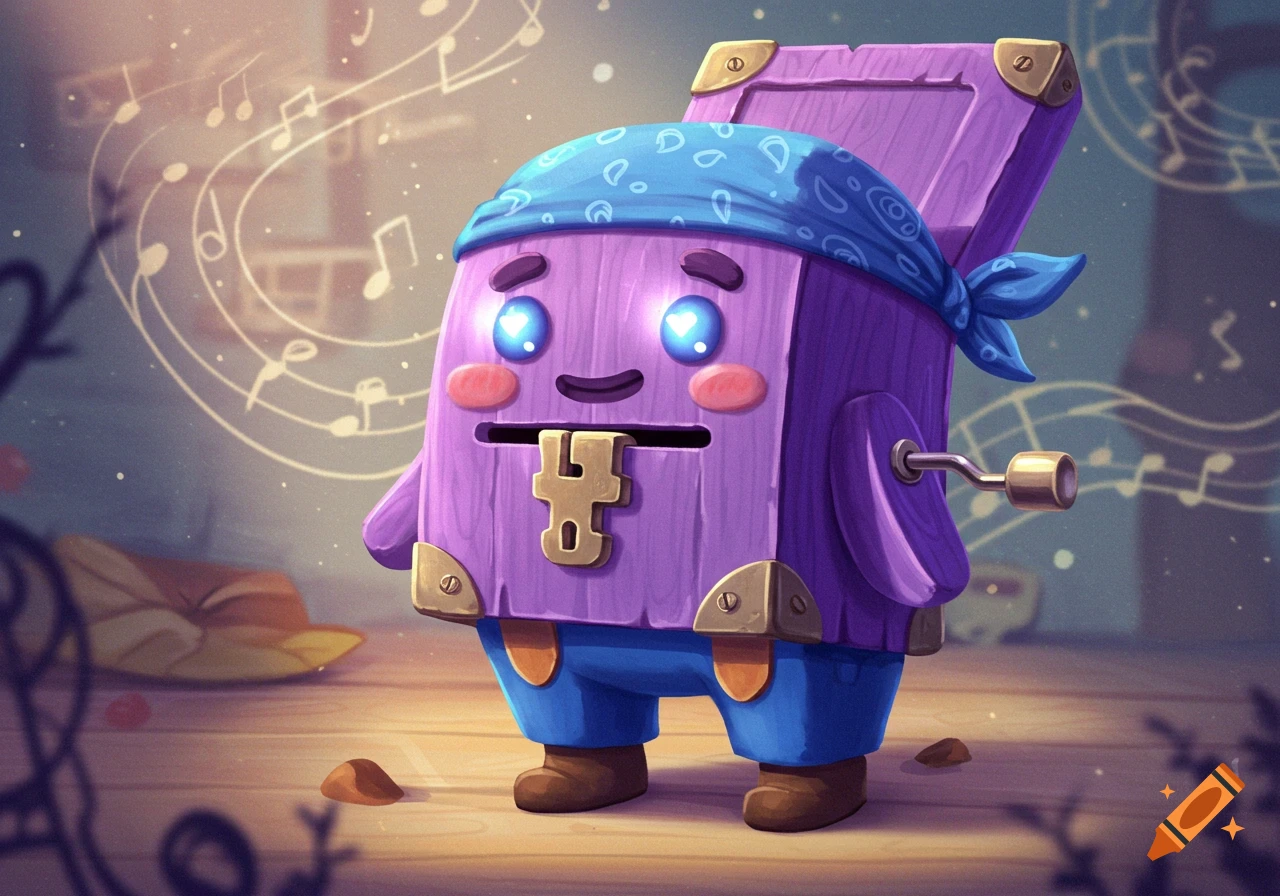 A cute, whimsical purple music box character with glowing heart eyes, a blue bandana, blue pants, and a key in its mouth, surrounded by musical notes.