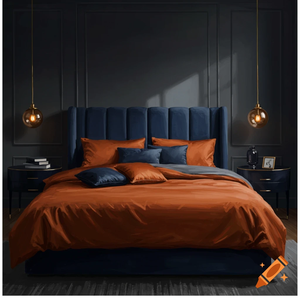 A modern bedroom with a navy blue bed, burnt orange duvet, dark walls, and two hanging globe lamps.