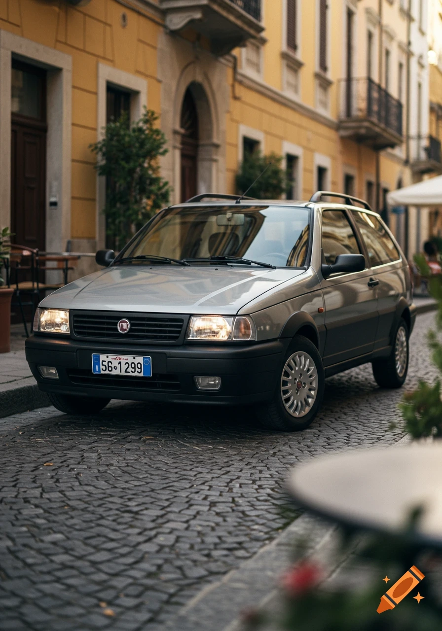 A silver Fiat car parked on a cobblestone street in front of yellow buildings under natural light.