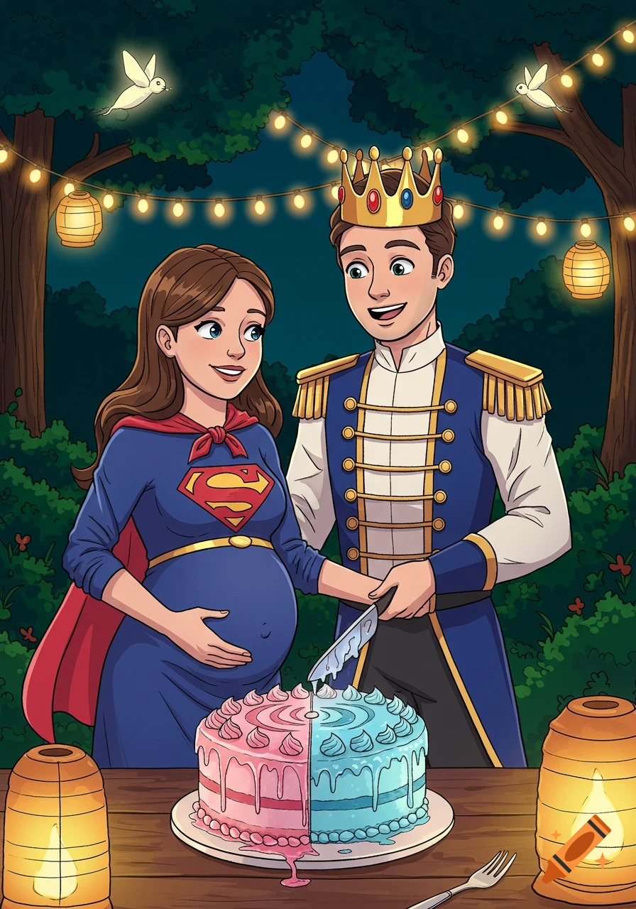 A cartoon image of a pregnant woman in a Superman costume and a man in a prince costume cutting a pink and blue gender reveal cake at an outdoor party.