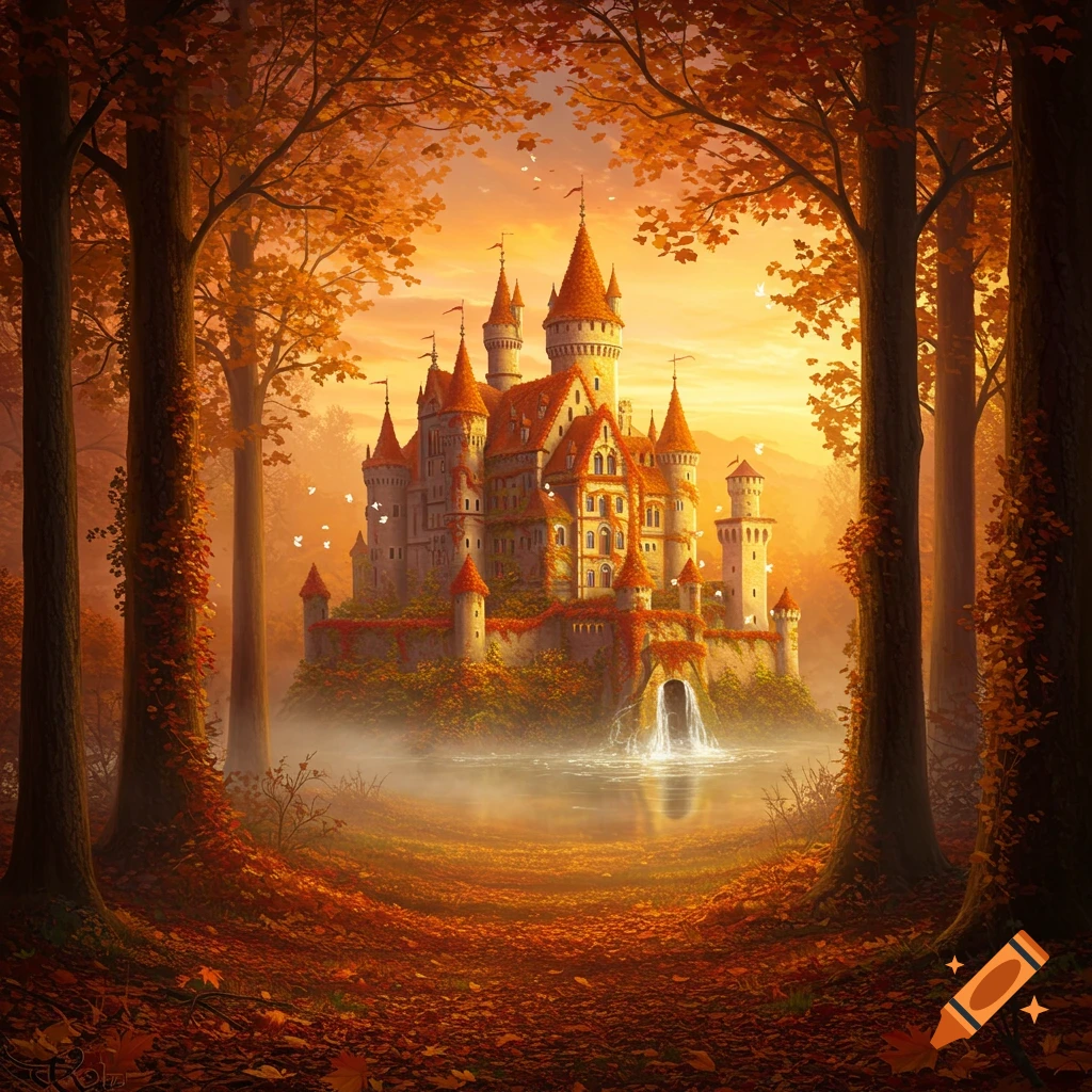 A majestic, fairytale castle with red roofs in a vibrant autumn forest, glowing at sunset, with a misty lake and waterfall. Fantasy art.