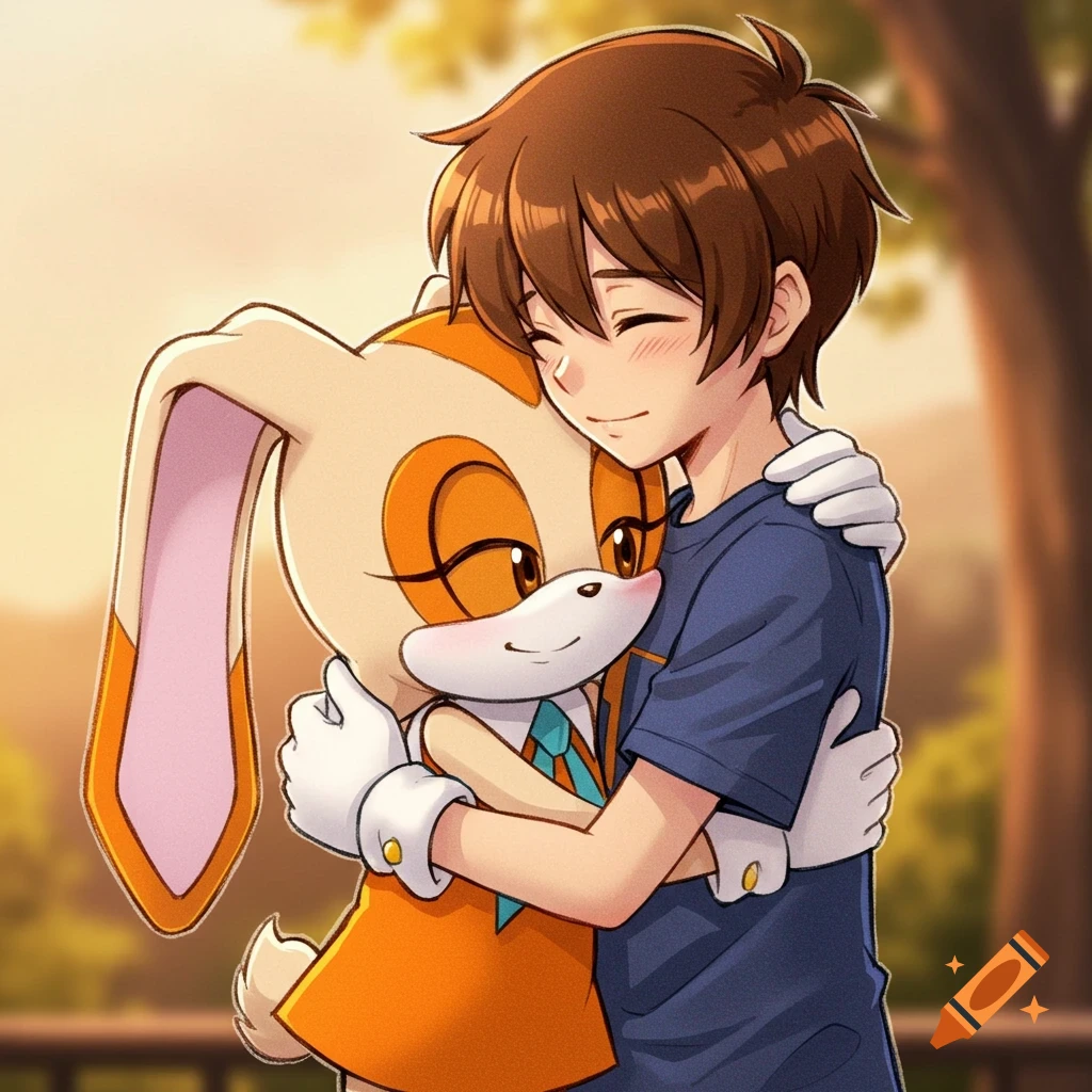 An anime-style image of a brown-haired teenage boy hugging Cream the Rabbit outdoors in the afternoon.