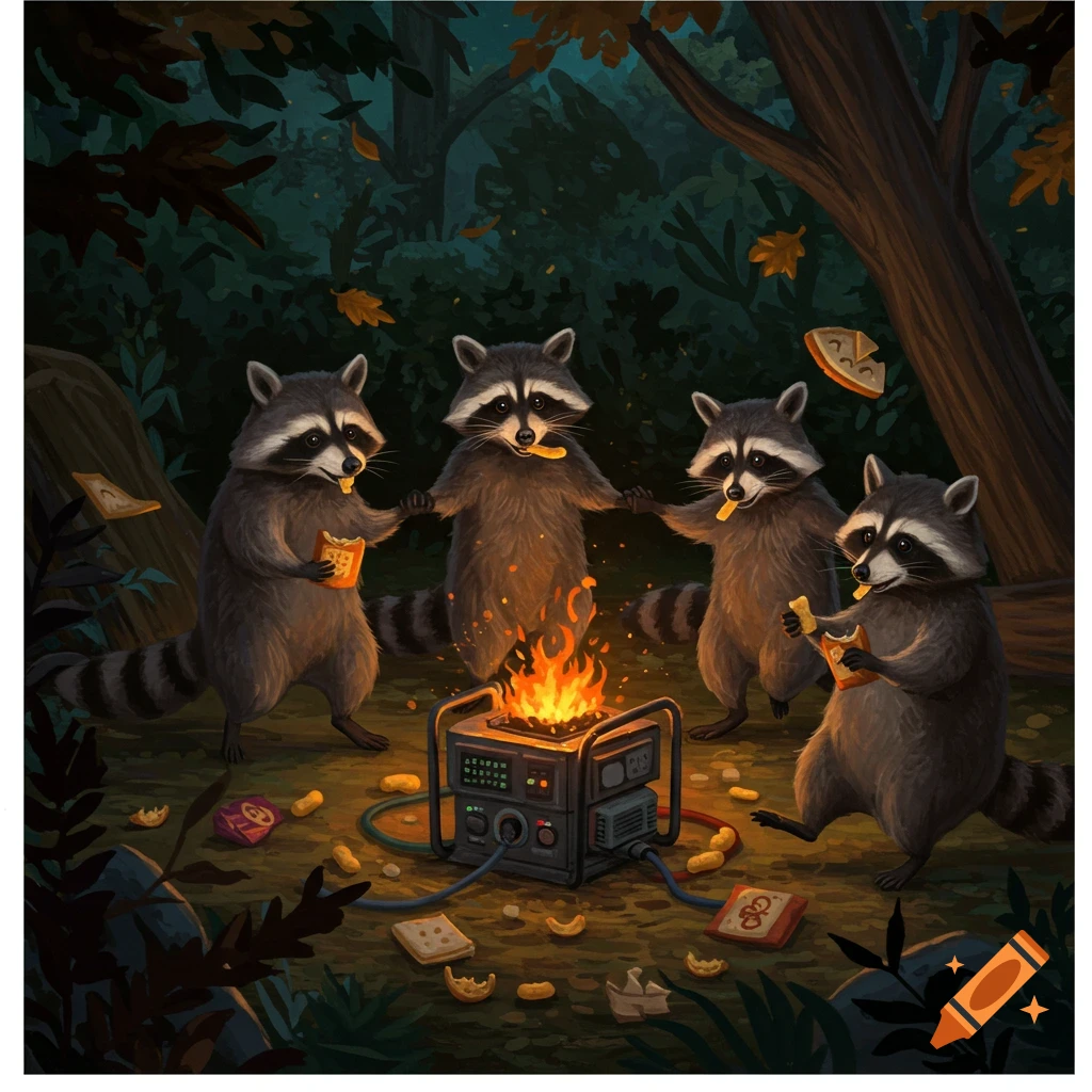 Four whimsical raccoons dance around a flaming generator, eating snacks in a dark forest at night.