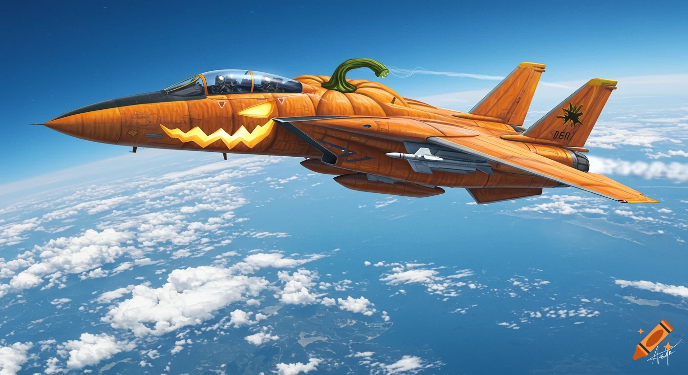 An F-14 fighter jet painted like a spooky jack-o'-lantern with glowing eyes flies high above the earth's clouds.